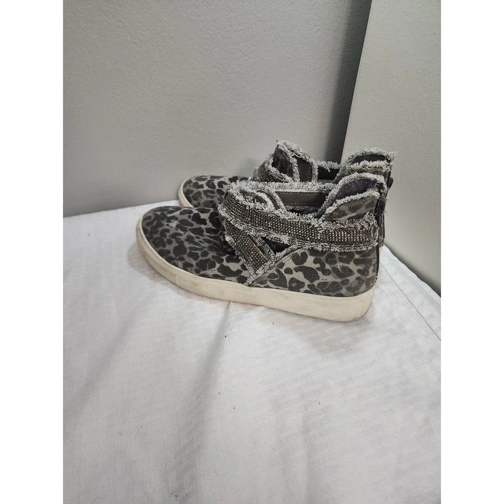 Very G Leopard Print High Top Sneakers Rhinestone Straps Grey Black Womens 8.5